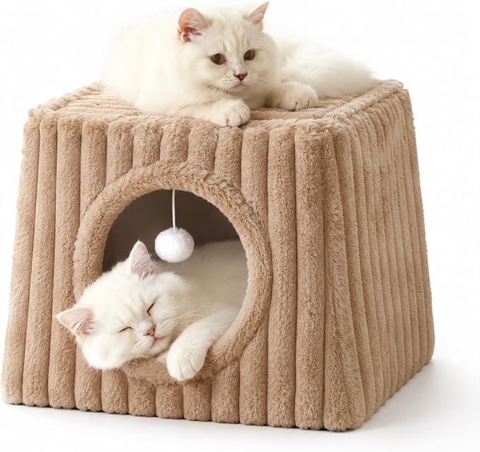 Dogpals Indoor Cat House - Large Cat Cave Bed with Fluffy Balls, Foldable Cat Bed Cave and Apartment with Pads, Suitable for Multiple Small and Large Cats, 18.5x15.4x15.4inches (Khaki, XL) by Unknown