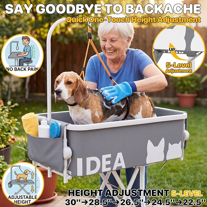 PAWZIDEA 2-in-1 Dog Bath Tub & Grooming Table 33" for Small to Medium Dogs | 5 Height Adjustable Elevated Pet Bathtub & Foldable Washing Station for Dogs Cats up to 40lbs, Storage Pocket, Indoor Outdoor - Image 5