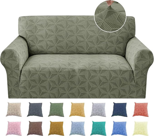 YEMYHOM 1 Piece Stretch Couch Covers for 2 Cushion Couch, Jacquard Loveseat Cover with Non-Slip Elastic Bottom, Thickened Slipcover Furniture Protector for Dogs Pets (Medium, Army Green） by YEMYHOM