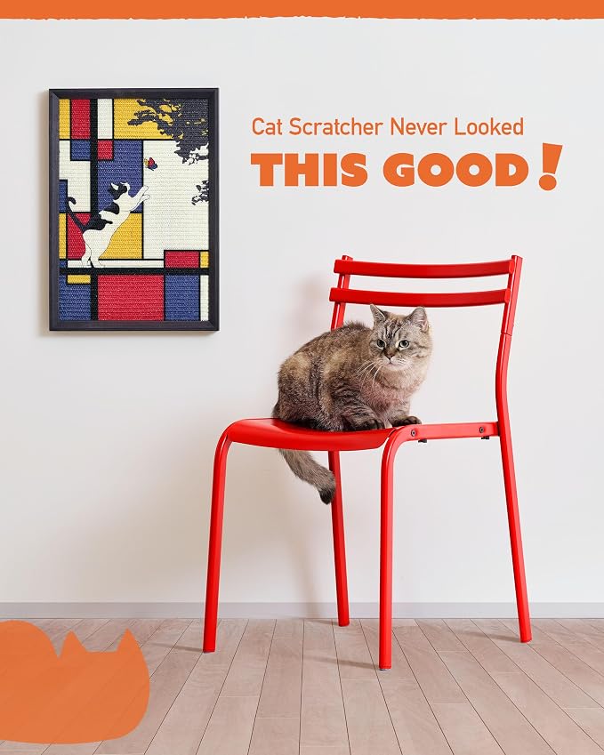 Decorative Wall Art Cat Scratcher for Vertical Scratching, 14"x20" Framed Sisal Scratch Pad Mat with Renter-Friendly No-Drill Wall Mounted Setup, Durable Alternative to Cardboard (Mondrian's Cat) - Image 2