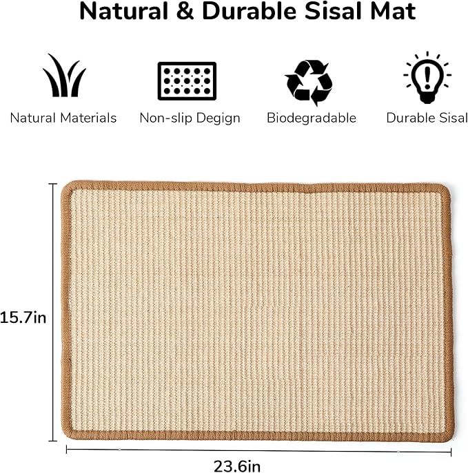 FUKUMARU Cat Scratcher Mat, 23.6 X 15.7 Inch Natural Sisal Cat Scratch Mat | Horizontal Cat Scratching Pad Mat Floor Rug with Sticky Tapes, Cat Wall Scratcher for Indoor Cats, Protect Couch and Carpet - Image 2