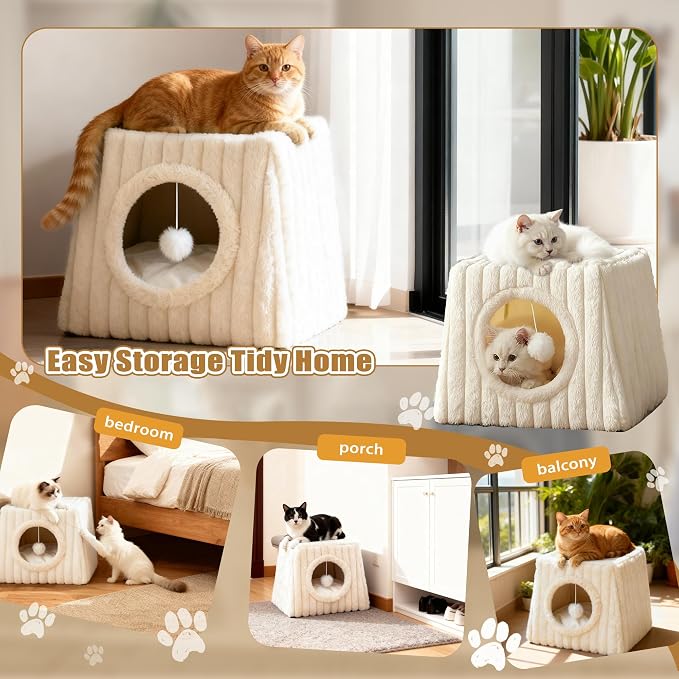 Indoor Cat House - Large Cat Cave Bed with Fluffy Balls, Foldable Cat Bed Cave and Apartment with Pads, Suitable for Multiple Small and Large Cats, 15.74x15.74x13.38 inches (Whiite, Large) - Image 9