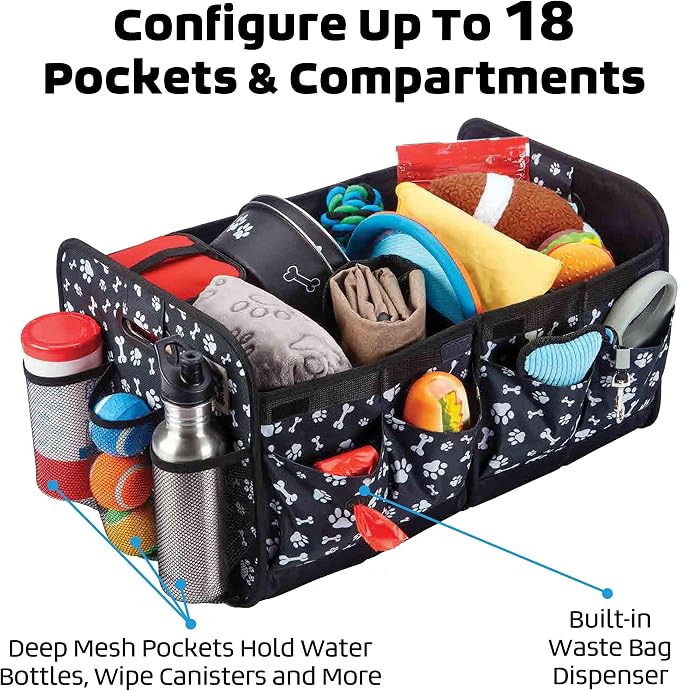 Mobile Dog Gear, Dogssentials Collapsible Storage Organizer for Travel with Built-in Waste Bag Dispenser, Includes 1 Roll of Waste Bags, Black/White Paw Bone Print, Meets Airline Regulations - Image 8