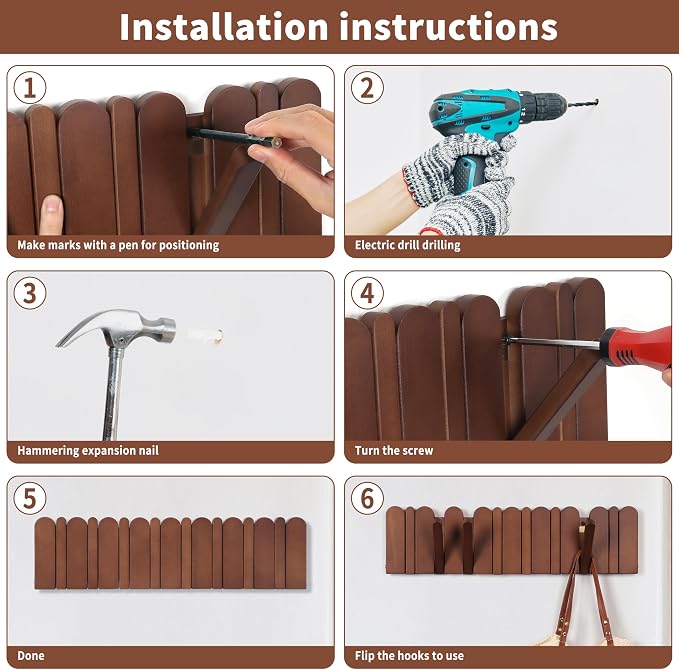 Wall Coat Rack for Entryway: Folding Wood Modern Heavy Duty 8 Hooks | 21.6'' Wall Mounted for Mid Century Home Decor Bathroom Bedroom Hallway for Hanging Towel Jacket Backpack Bag - Image 9