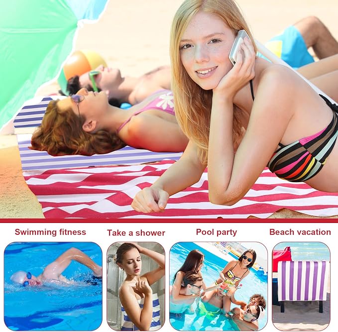EBOOT 10 Pack Oversized Beach Towel Set Extra Large Pool Towels Microfiber Quick Dry Swim Blanket for Adult Women Men Face Hand Body Bath Travel Pool(Fancy Color,28 x 59 Inch,Cabana Stripe) - Image 6