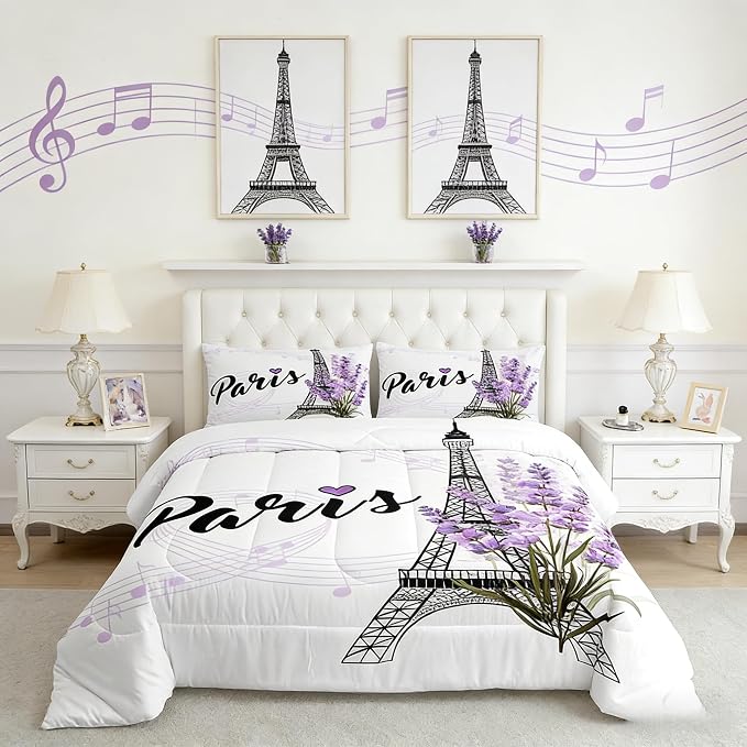 Eiffel Tower Comforter Set Purple Lavender Flowers Print Bedding Set, Romantic Paris City Floral Style Decor for Kids Girls Boys Teens, Twin Size 2pcs Polyester Quilt Duvet for Dorm Bedroom - Image 2