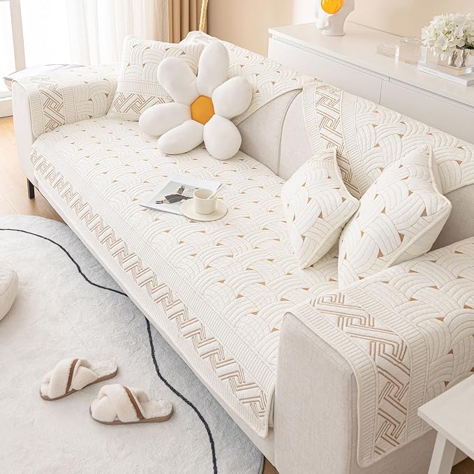 vctops Solid Color Cotton Quilted Sofa Couch Cover Weave Pattern Soft Sectional Couch Covers Embroidery Non-Slip Sofa Slipcover for Dogs, Children, Pets Furniture Protector (Cream,36"x47") - Image 7