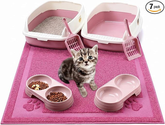 Sliner 7 Pcs Kitten Litter Box Starter Kit, 2 Plastic Small Kitty Litter Box Training Low Entry with Scoop, 2 Double Cat Bowl and Mat for Kitten Indoor (Pink) by Sliner