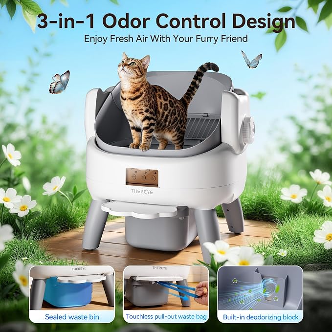 Thereye Automatic Litter Box with Entry Step, Open-Top Self Cleaning Litter Box, App Control & Safety Protections, 10L Waste Bin with Odor Control Smart Cat Litter Box with Trash Bags/Litter Mat - Image 6