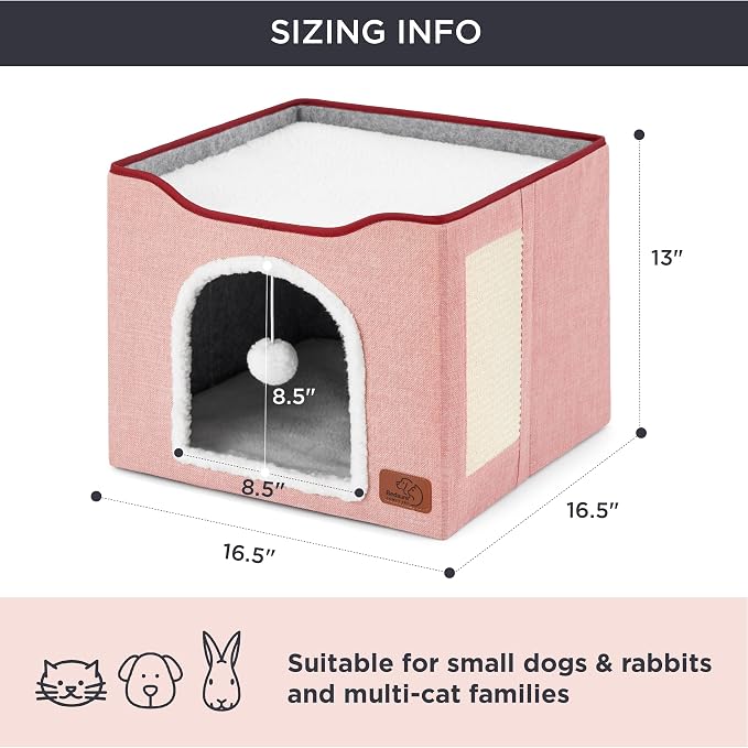 Bedsure Cat Beds for Indoor Cats - Large Cat Cave for Pet Cat House with Fluffy Ball Hanging and Scratch Pad, Foldable Cat Hideaway,16.5x16.5x13 inches, Pink | 16.5x16.5x13 in,Large Cat Cave for Multiple Pets,Foldable Cat Hideway Cube for Sleeping Kitten - Image 6