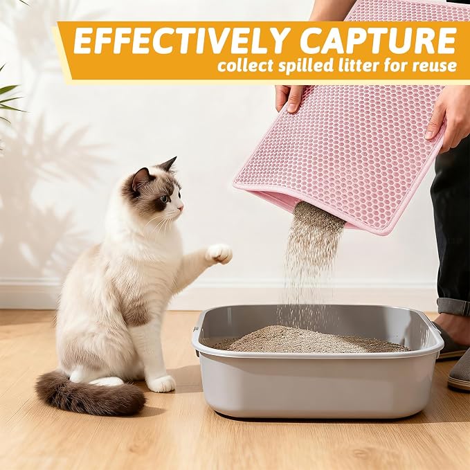 Pieviev Cat Litter Mat, Double-Layer Waterproof Litter Trap, 24" x 15" Pink | Honeycomb Design Catches Scattered Particles to Stop Tracking, Urineproof Base Protects Floors, Easy to Clean - Image 3