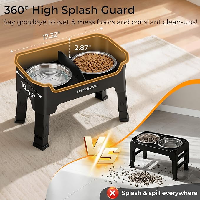URPOWER Mess Proof Elevated Dog Bowls, Splash Guard Raised Bowl Stand | 4 Height Adjustable Raised Stand with 2 Stainless Steel Food Bowls & Licking Plate for Small, Medium & Large Dogs - Image 3