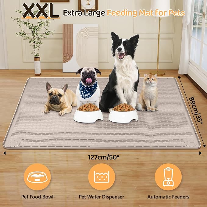 Dog Food Mat 50''x35'' Extra Large Dog Mat for Food and Water, Khaki | Silicone Dog Bowl Mat with Raised Edge, Waterproof Non-Slip Pet Feeding Mat for Floors, fit for Dog Cat Bowls - Image 2