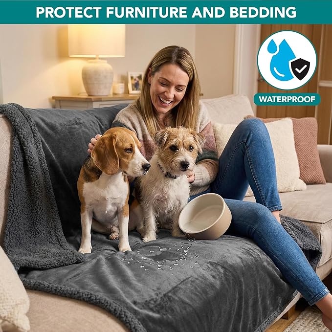 PetAmi Waterproof Dog Blanket for Couch, Large 60x40, Pee Proof Sherpa Fleece Reversible Pet Throw, Furniture Protector for Bed Sofa Kennel, Soft Washable Cover for Medium Dogs Cats, Grey Sherpa - Image 2