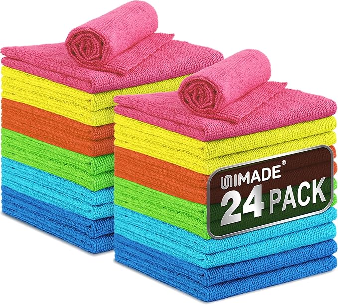UNIMADE Microfiber Cleaning Cloth, 24 Pack Reusable Microfiber Towels | for Cars Lint Free Cleaning Shop Towel Rags for Home Kitchen Automotive Bar Mechanic Restaurant Garage, 11"x 12", Multicolor by Unimade