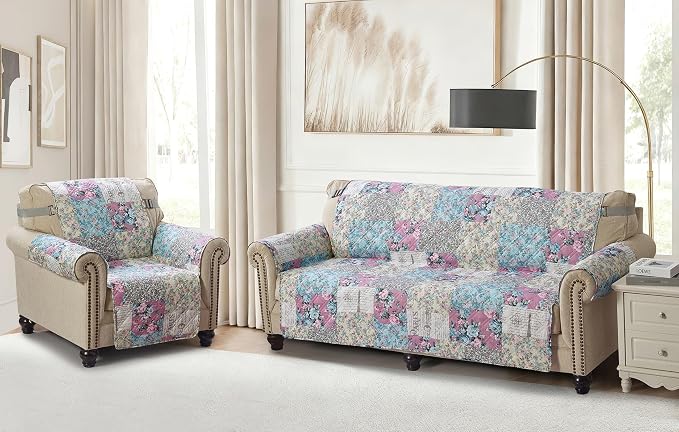 Brilliant Sunshine Lilac and Egg Blue Rose Toile Armchair Cover, 23" seat | Traditional Patchwork Design, Non Slip Sofa Cover, Quilted Furniture Protector, Washable Chair Slipcover for Pets, Dogs - Image 7