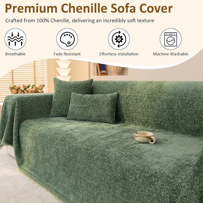 Forest Green Soft Thick Slub Chenille Couch Cover Large 71x118 in | for All Shape Sofa Couch, Slub Furniture Protector Machine Washable, Green Sofa Slipcover for Dogs Pets Kids - Image 2