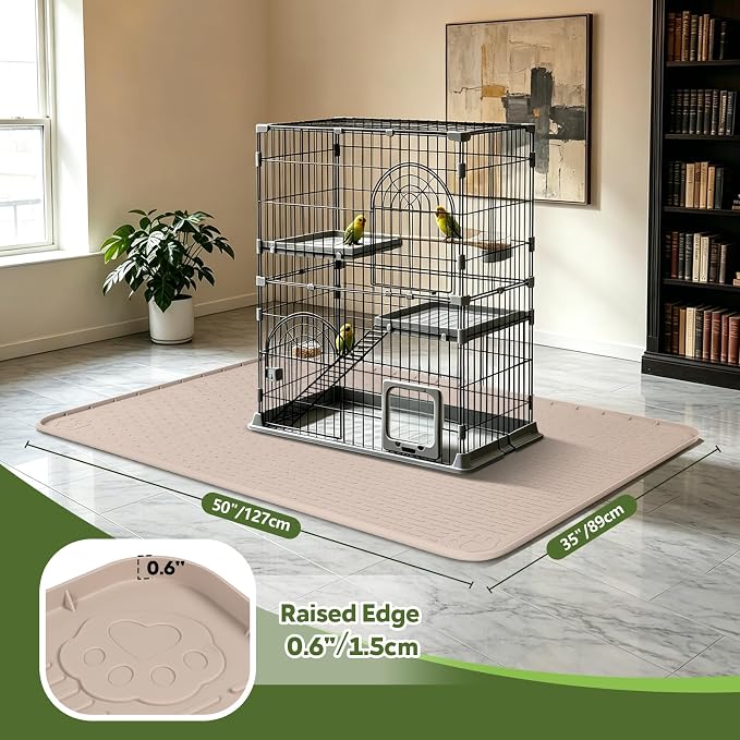 Silicone Bird Cage Mat 50" x 35" Under Crate Floor Protector, Khaki | Extra Large Waterproof Bird Cage Liner with Raised Edges, Non-Slip Under Crate Mat for Dog Cages, Kennels, Reptile Aquariums - Image 2