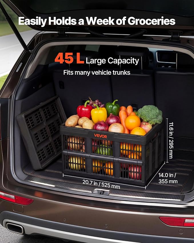 VEVOR Plastic Collapsible Storage Bins, 45L 3 Packs, Stackable Folding Storage Crates with Handles, Holds 33 lbs Per Bin, Foldable Heavy Duty Containers, Space-Saving Baskets, for Home Organizing - Image 2