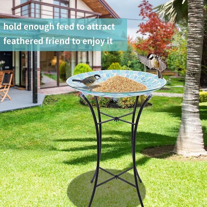 MUMTOP Mosaic Glass Bird Baths with Metal Stand for Garden Birdfeeder Decor | 14 Inch Width 19.68 Inch Height Outdoor Garden Bird Bath Bowl, Unique Glass Birdbaths Bird Feeder for Yard Decor - Image 4