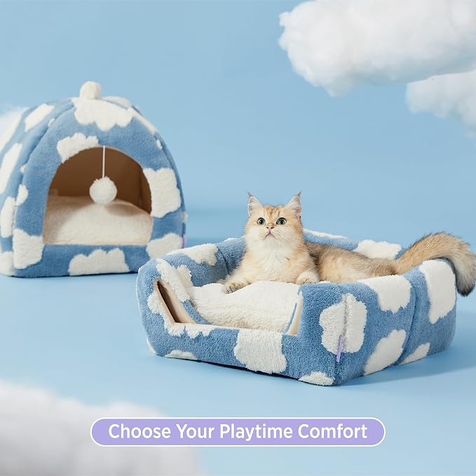 Lesure Cute Cat Beds for Indoor Cats - 2 in 1 Cat Cave Bed for Kittens and Small Pets with Removable Washable Cushioned Pillow, Cozy Kitten Tent with Non-Slip Bottom, Blue, 16 inches - Image 3