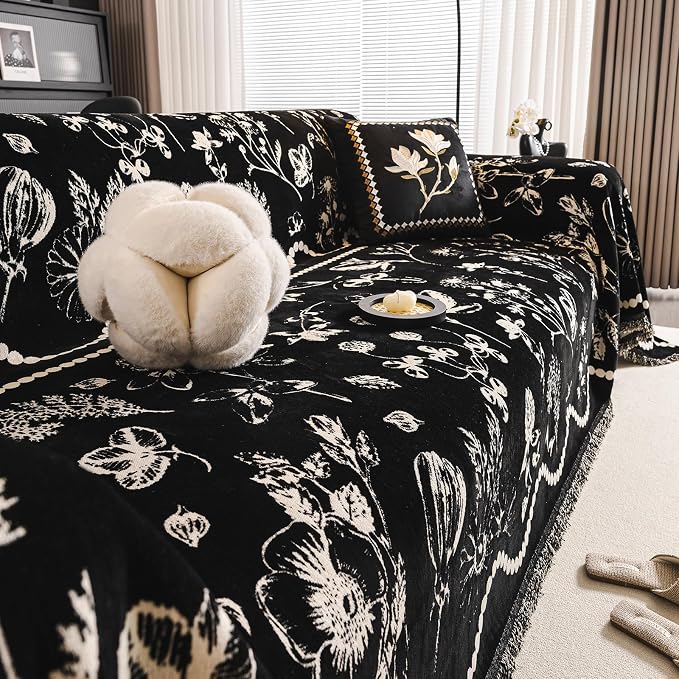 STACYPIK Vintage Jacquard Floral Couch Cover for Dogs, Washable Black Garden Sofa Cover for 2 Cushion Couch, Anti Slip Sofa Covers for Sectional, Boho Chenille Pets Protector for Living Room-71X118IN - Image 8