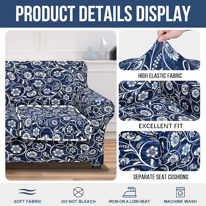 hyha Stretch Couch Covers, Sofa Cover for 3 Cushion Couch Pet Friendly | Floral Pattern, Printed, 4 Pieces, 3 Separate Cushion Sofa, Durable Anti-slip Washable Protector with Elastic Bottom for Dogs - Image 4