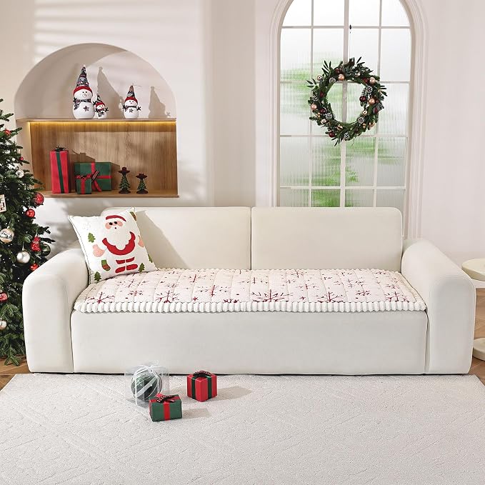 VClife Fuzzy Anti-Slip Dog Couch Cover for Christmas, Creamy, 27.6 x 82.7 | Soft Thick Couch Covers for 3 Cushion Couch Sofa Pet Friendly, Scratch Resistant Sofa Cover Washable Dog Furniture Protector - Image 3