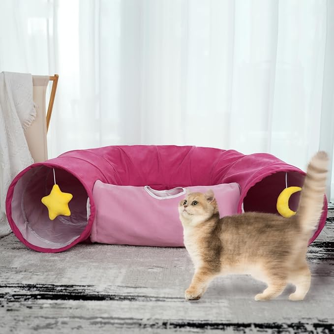 Cat Tunnel, Large Indoor Durable Collapsible Interactive Cat Tube with Peek-A-Boo Hole, Hanging Toys, and Crinkly Paper Lining - Cute Tunnel for Cats, Kittens, Puppies & Rabbits, Pink - Image 7
