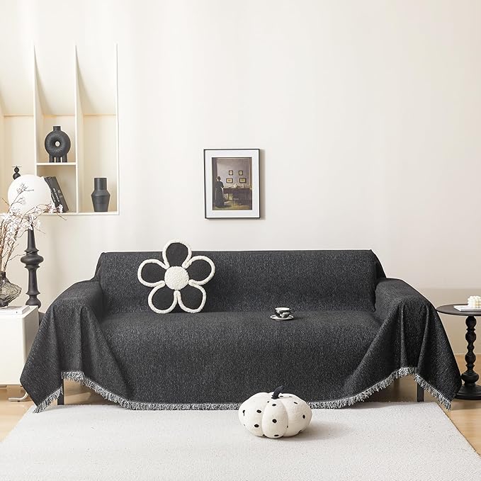 MEETSKY Oversized Couch Cover 91 Inch Large Couch Cover with Tassel Edge, Modern Sofa Slipcover for Dogs, Cats & Universal Use, Washable, 91"x150", Black by MEETSKY