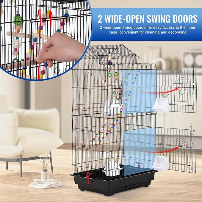 FDW 39 Inch Bird Cage Parakeet Cage with Play Top Rolling Stand & Easy Clean Pull-Out Tray Roof Top Parrot Cage for for Finches Canaries Parakeets Cockatiels & Other Small Birds, Black - Image 2