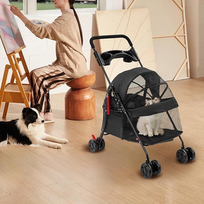 Dog Stroller with Casters, 40LBS Capacity Foldable Cat Pet Stroller with Storage Basket&Cup Holder, Foam Handle, Steel Frame for Small Medium Dogs Cats(Black)