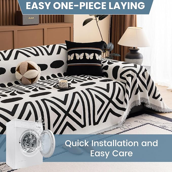 STACYPIK Modern Geometric Sofa Cover for Pets Dogs Non Slip Couch Cover Black White Furniture Protector for L-Shaped Sectional Boho Couch Cover for 2 Cushion Couch Multi-Use Sofa Slipcovers-71X118IN - Image 4