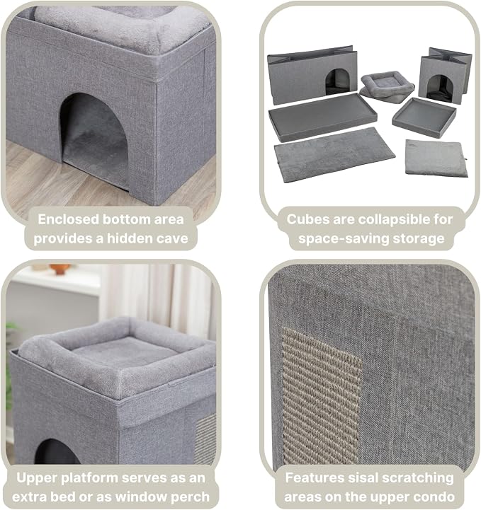 Trixie Crazy Cube Stackable Cat Condos, Gray, 2-Story | Indoor Cat Furniture, Hideaway Caves, Sisal Scratching Pads, Thick Padded Bed - Image 2