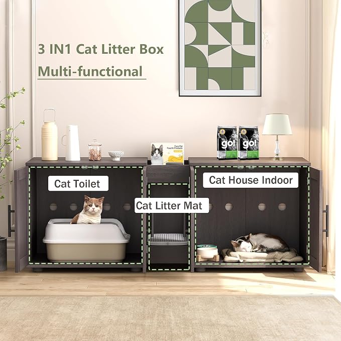 3-in-1 Cat Litter Box Enclosure for 2 Cats, 55 Inch Large Hiddden Litter Box Enclosure Furniture with Double Rooms, Farmhouse Wooden Cat Washroom for Bedroom Living Room, White - Image 2