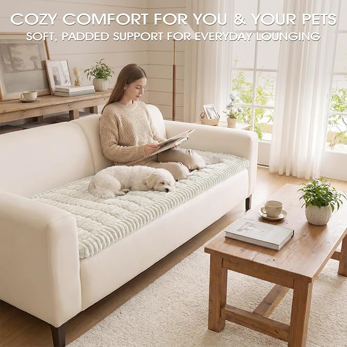 Non-Slip Washable Couch Cover for Dogs, Soft Thick Ribbed Flannel | 27.6"x82.7", Cream, 0.8" Thick, Rubber Dot Backing, Pet-Friendly Protector for Sofa, Floor, Window Bench, Car Seat or Camping - Image 2