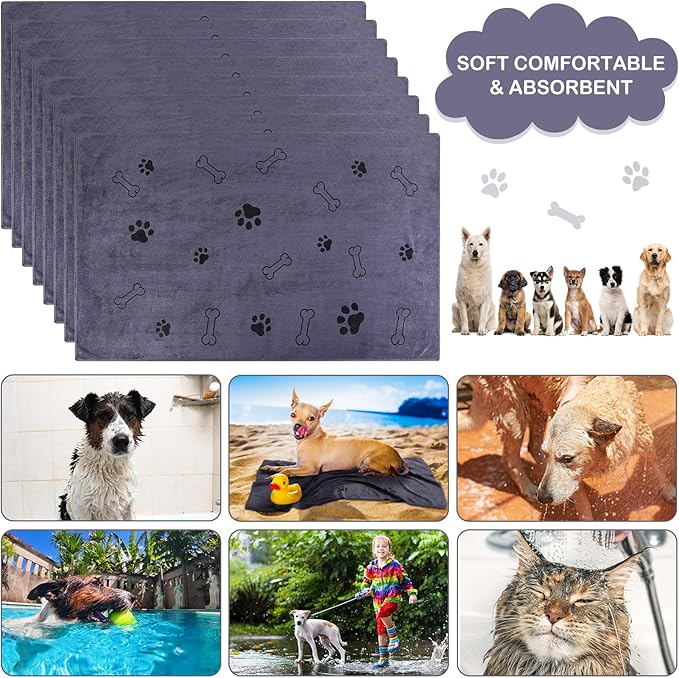 Chumia 8 Pcs Microfiber Dog Towels for Drying Dogs Cats 55 x 28 Inch Pet Towels Bulk for X-Large Puppy Absorbent Fast Drying Paw Bath Bathing Supplies for Pets(Dog Paw and Bone, Gray) - Image 3