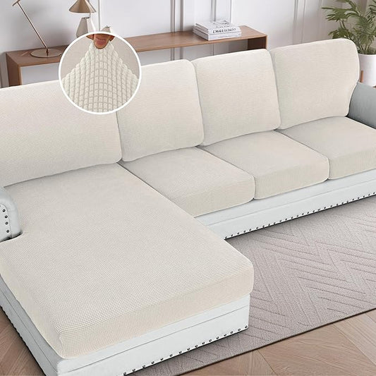 H.VERSAILTEX Sectional Couch Covers 8 Pieces Stretch Sofa Covers for Sectional Sofa Set Separate L Shaped Couch Cover for Both Left/Right Couch (Seat and Back: 1 Chaise + 3 Sofa, Ivory) by HVERSAILTEX