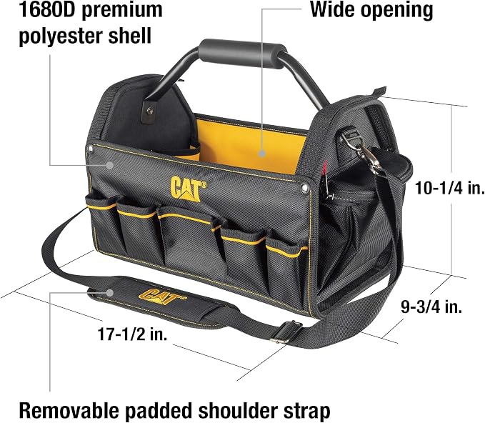 Cat 17-Inch Pro Tool Tote, Open Top Tool Bag, 15 Pockets for Tool Storage and Organization, Premium 1680D Polyester Weave, Steel Handle and Removable Shoulder Strap - 240046 - Image 2