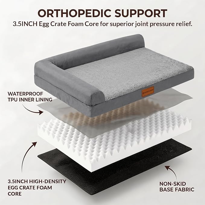 Patas Lague Orthopedic Extra Large Dog Bed Pet Sofa Beds 56''X40''Grey | L Bolster Egg-Crate Foam Dog Couch For Large Sized Dogs, Waterproof Removable Washable Cover, Pet Mat with Nonskid Bottom - Image 5