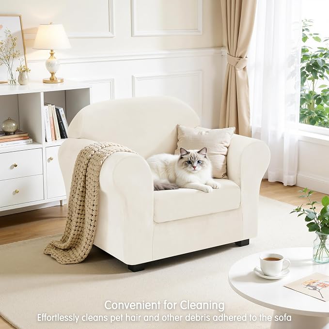 CHUN YI 2 Piece Velvet Armchair Cover Couch Covers 1 Cushion, Water Resistant Chair Slipcover with Arms, Non Slip High Stretch Thick Furniture Protector for Dogs Pets, Small, Ivory White - Image 7