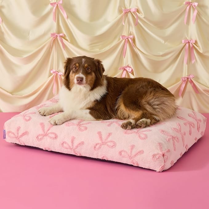 LE SURE Cute Aesthetic Dog Beds Large Sized Dog,Thick Pet Pillow 36x27 | Shredded Chopped Foam, Jacquard Modern Plush Crate Cushion Gift Idea, Waterproof Washable Cover, Nonslip Bottom, Bow Pink by Lesure
