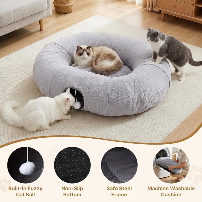 Extra Large Cat Tunnel, 47.2in Multi-Cat Family Big Cat Tunnel for Cats, Long Cat Tunnel Bed with Washable Plush Mat, XXL Pet Play Tunnel Toy for Cats, Puppy, Rabbits Grey - Image 6