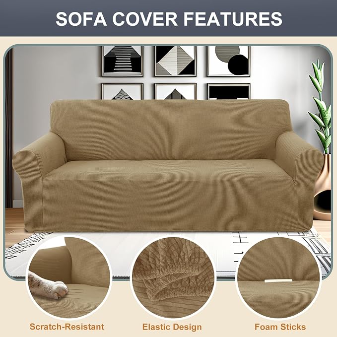 Stretch Couch Covers for Sofa Washable, Large, Sand | 3seat sofa covers for 3 cushion couch, Furniture Protector Couch Slipcover cubre sillones para sala for Kids, Dogs - Image 3