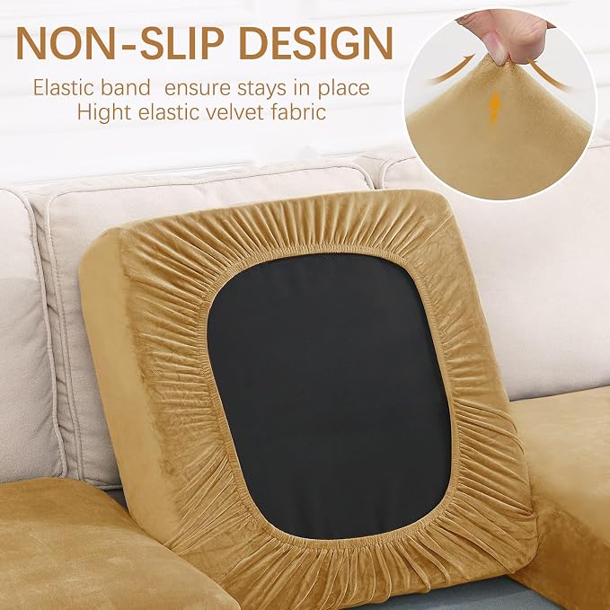 hyha Velvet Couch Cushion Covers, Sofa Covers for Cushion Couch Washable | Soft Plush Sofa Slipcover, Elastic Bottom, Non-Slip Wear Resistant Furniture Protector, Ideal For Pets & Kids, Small - Image 2
