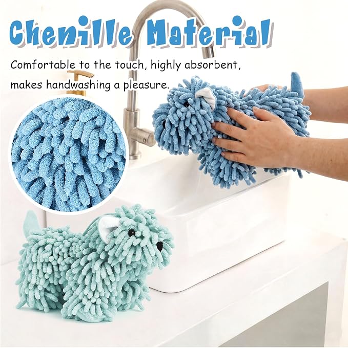 Tegeme 2 Pcs Chenille Dog Hand Towel Fuzzy Towel Absorbent Microfiber Soft for Bathroom Kitchen Washstand (Green Blue,Standing Dog) - Image 6
