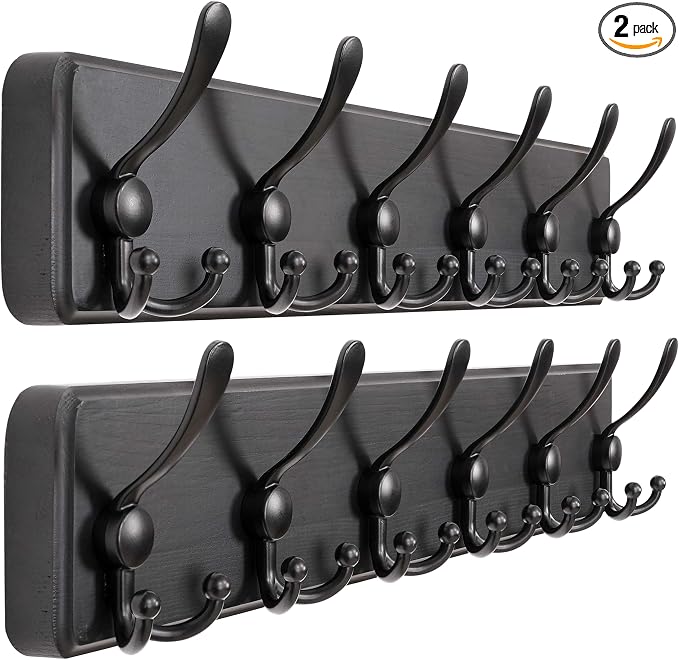 Dseap Coat Rack Wall Mounted - 24" Long 6 Tri Hooks, Heavy Duty Wooden Wall Coat Hanger Coat Hook for Clothes Hat Jacket Clothing, Black, Pack of 2 by Dseap
