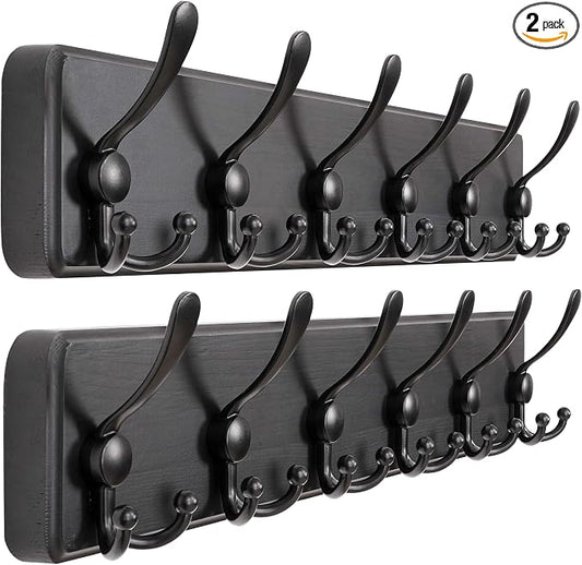 Dseap Coat Rack Wall Mounted - 24" Long 6 Tri Hooks, Heavy Duty Wooden Wall Coat Hanger Coat Hook for Clothes Hat Jacket Clothing, Black, Pack of 2 by Dseap