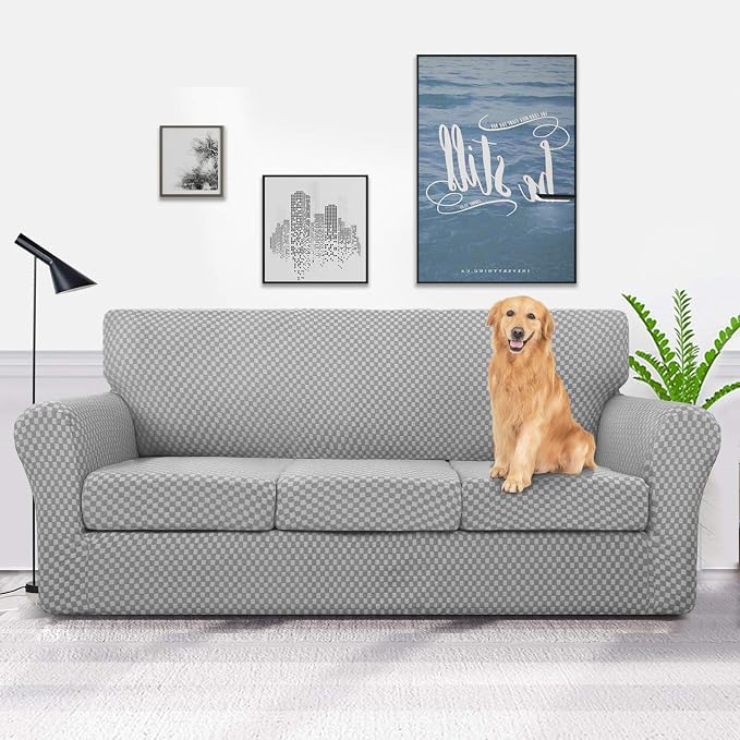 YEMYHOM Latest Checkered 4 Pieces Couch Covers for 3 Cushion Couch High Stretch Thickened Sofa Cover for Dogs Living Room Anti Slip Elastic Slipcovers (Light Gray Checkered), 71"-91"(3 Cushions) - Image 2