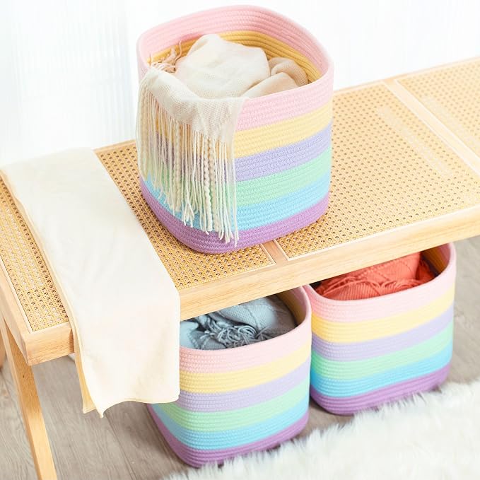 MINTWOOD Design 3-Pack 11x11in Woven Cube Storage Bin and Shelf Baskets, Cute Decorative Square Organizer for Closet, Classroom, Bathroom, Dog and Cat Toys, and Books, Pastel Rainbow - Image 6